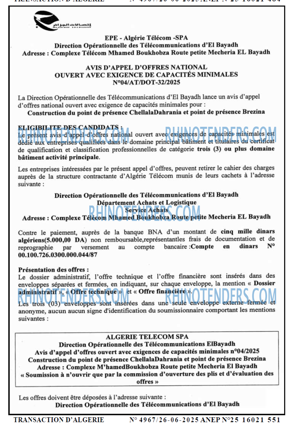 TRANSACTION D'ALGERIE