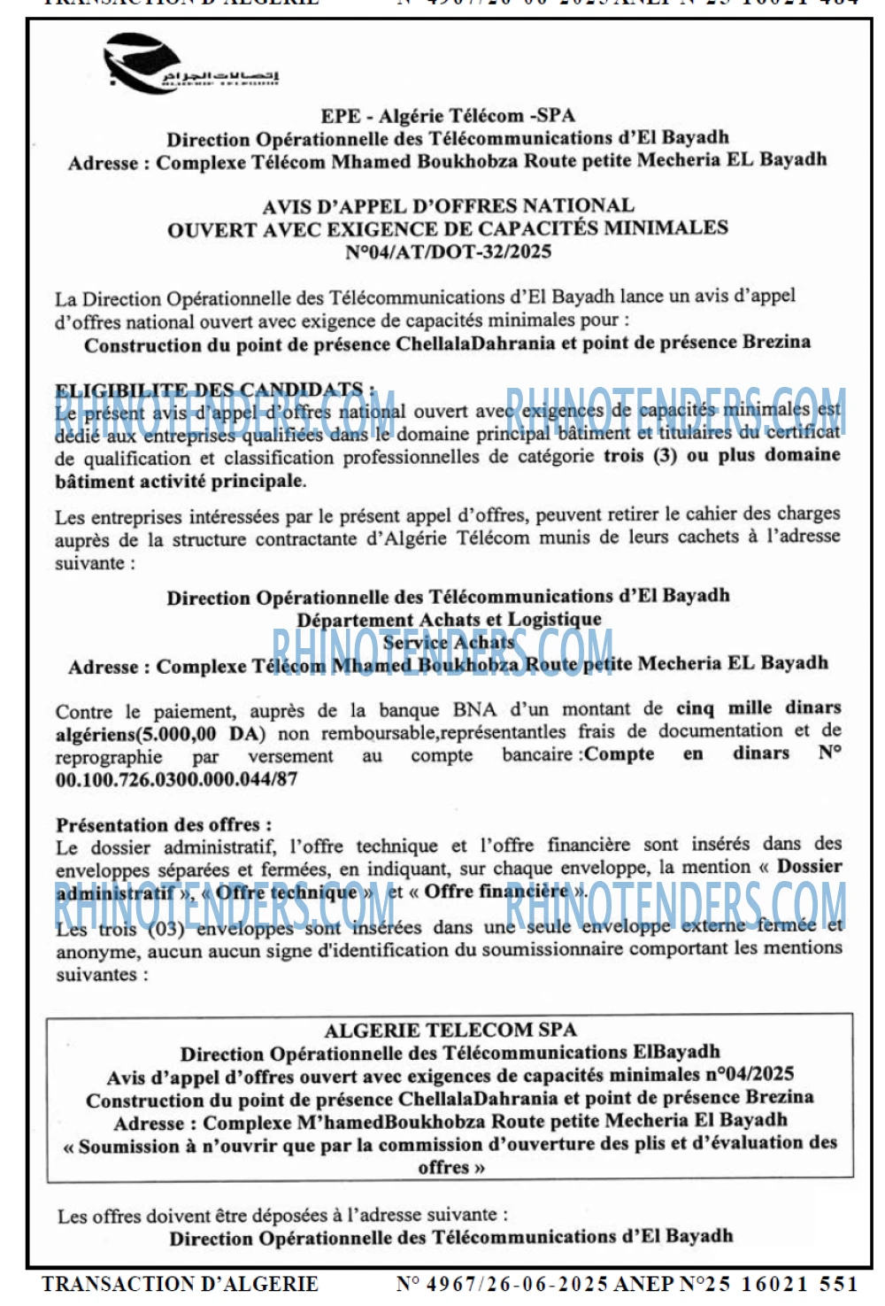 TRANSACTION D'ALGERIE