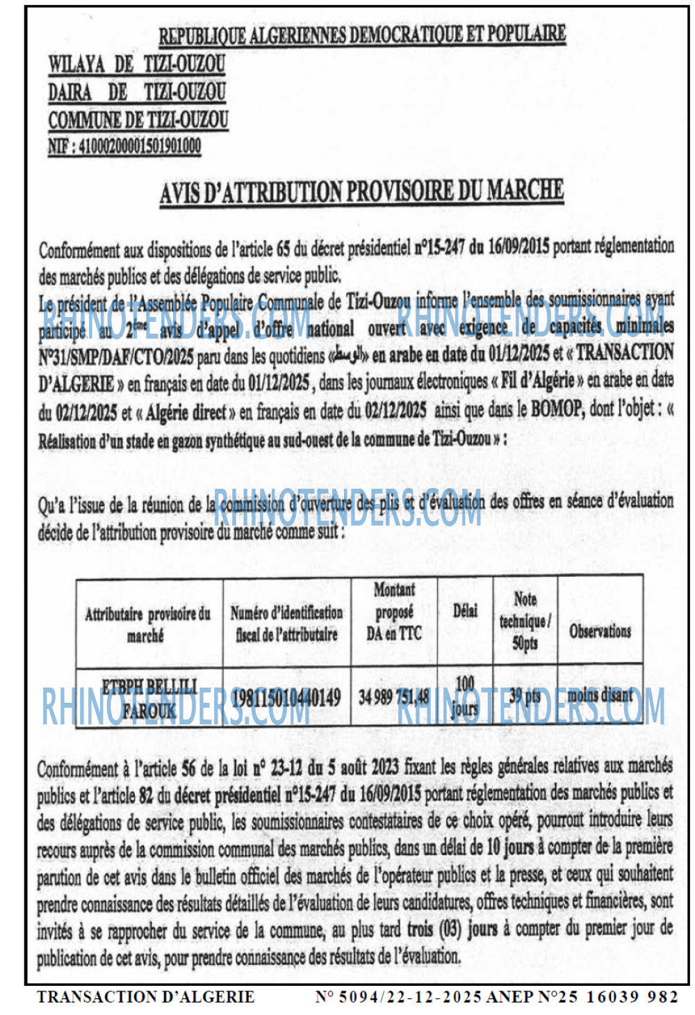TRANSACTION D'ALGERIE