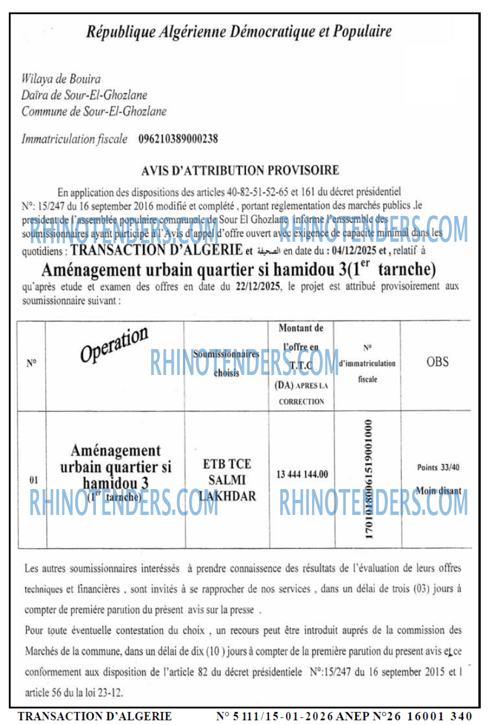 TRANSACTION D'ALGERIE