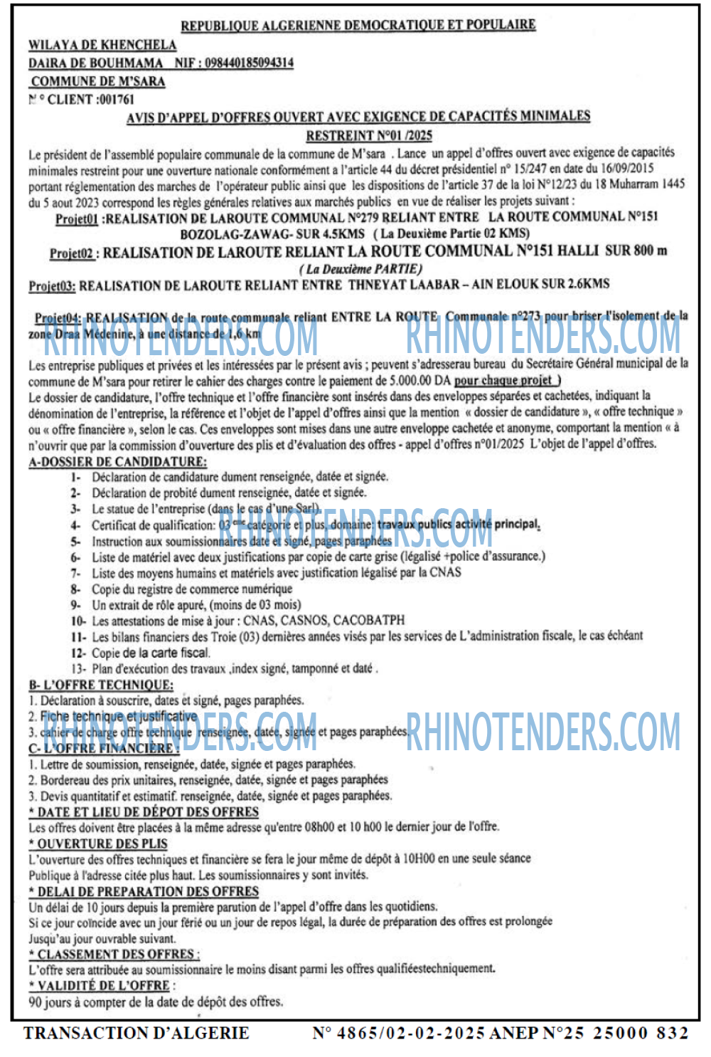 TRANSACTION D'ALGERIE