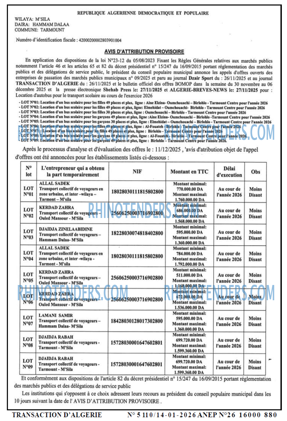 TRANSACTION D'ALGERIE