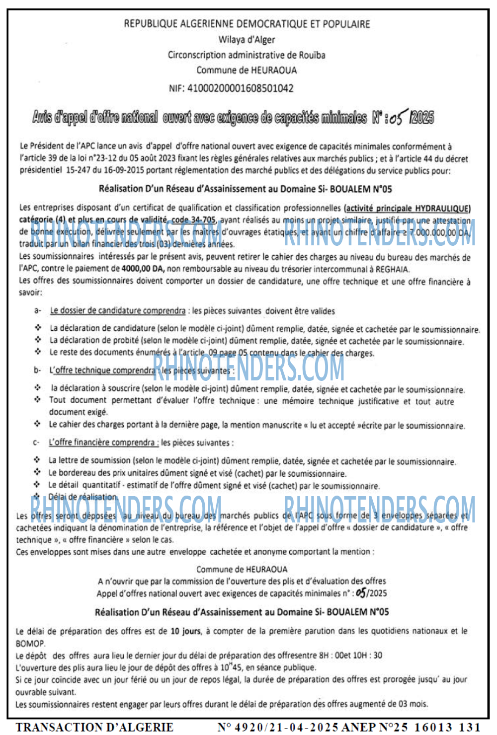TRANSACTION D'ALGERIE