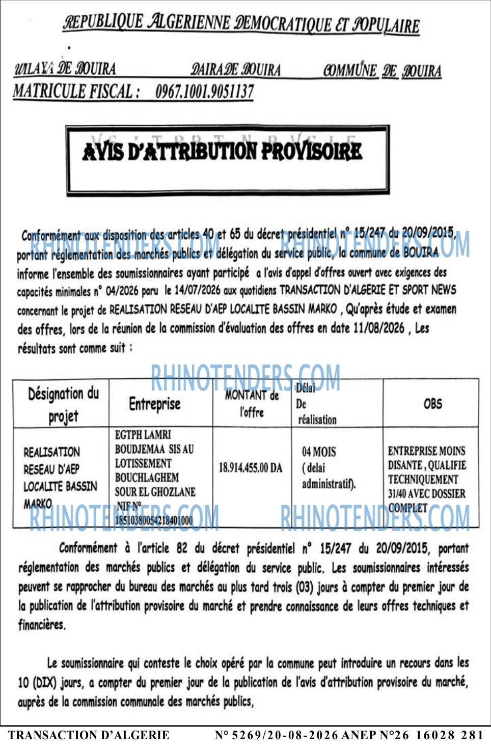 TRANSACTION D'ALGERIE