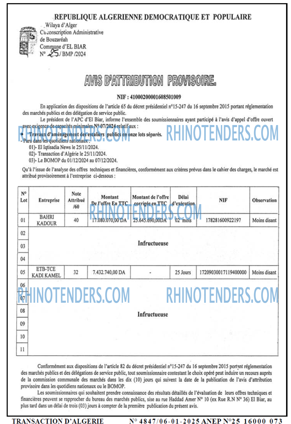TRANSACTION D'ALGERIE