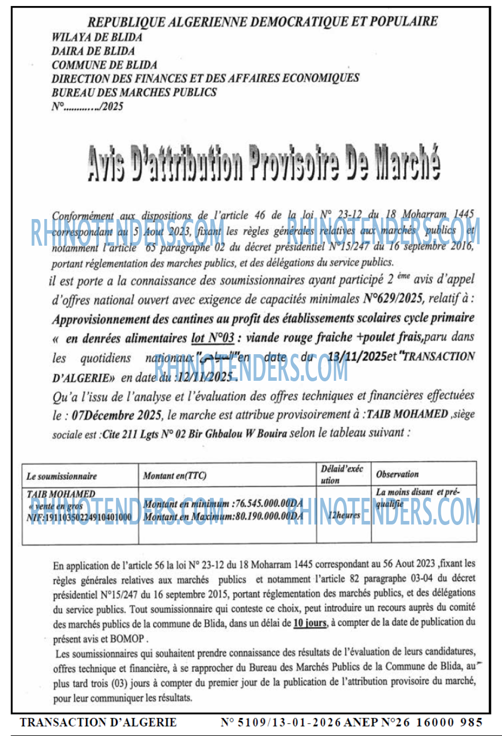 TRANSACTION D'ALGERIE