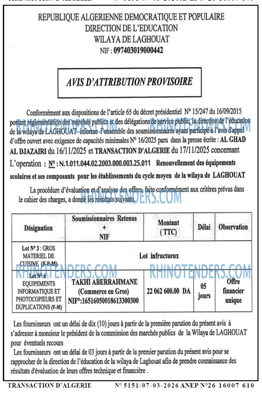 TRANSACTION D'ALGERIE