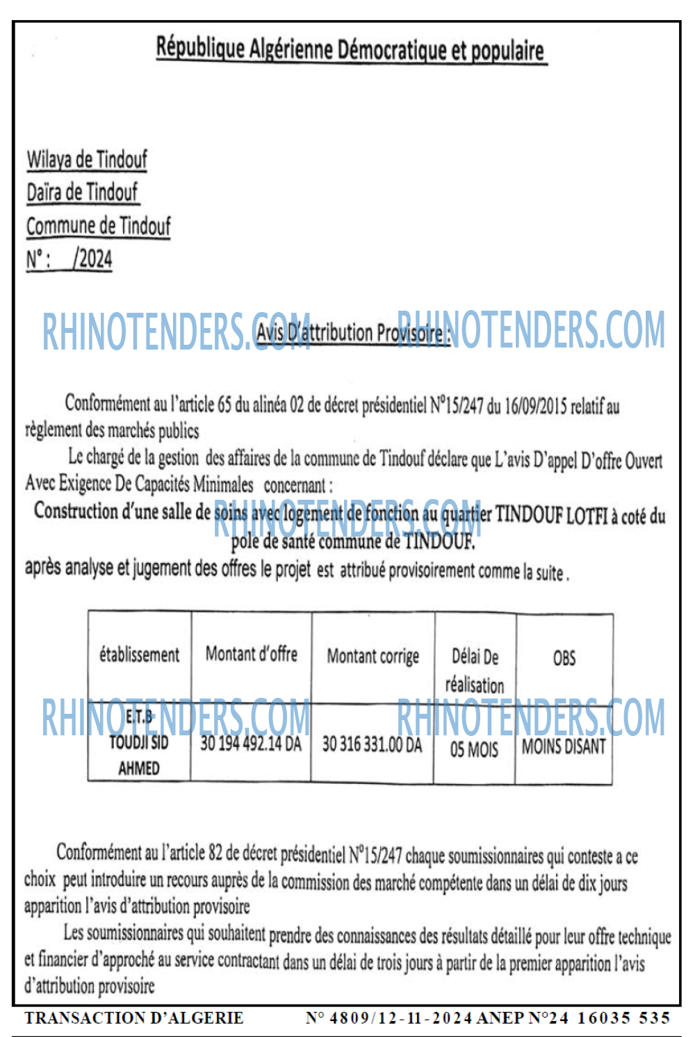 TRANSACTION D'ALGERIE