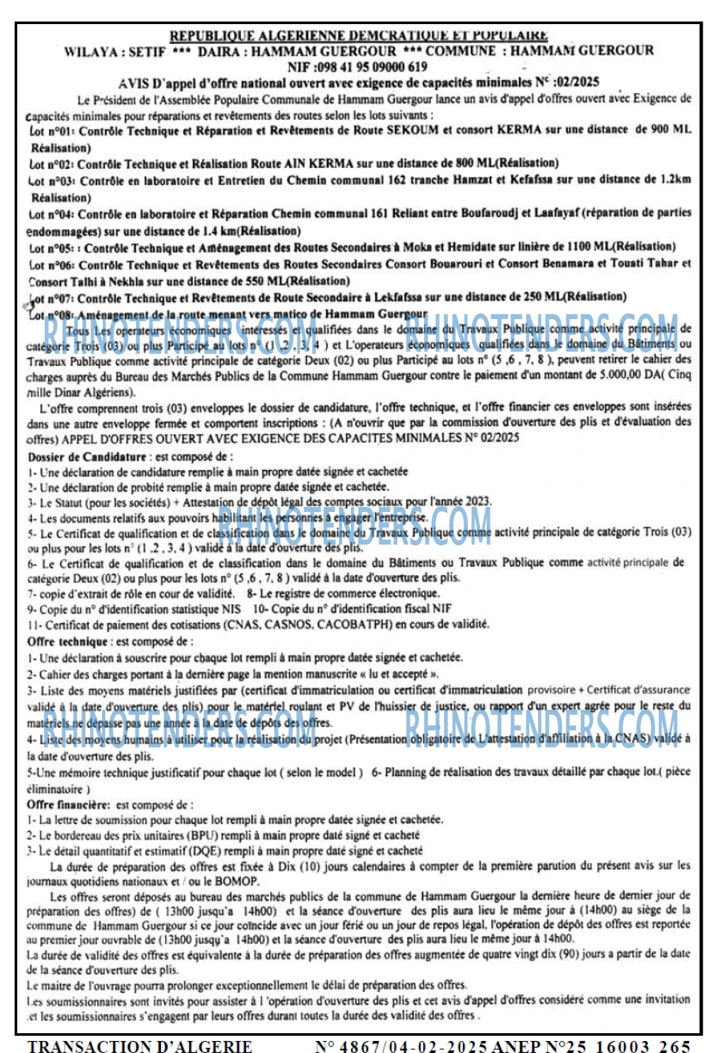 TRANSACTION D'ALGERIE