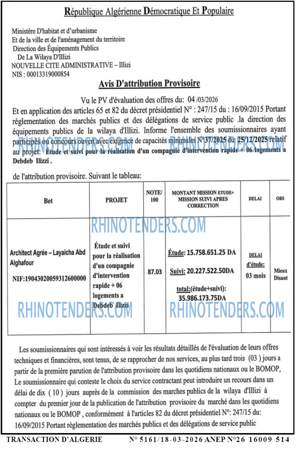 TRANSACTION D'ALGERIE