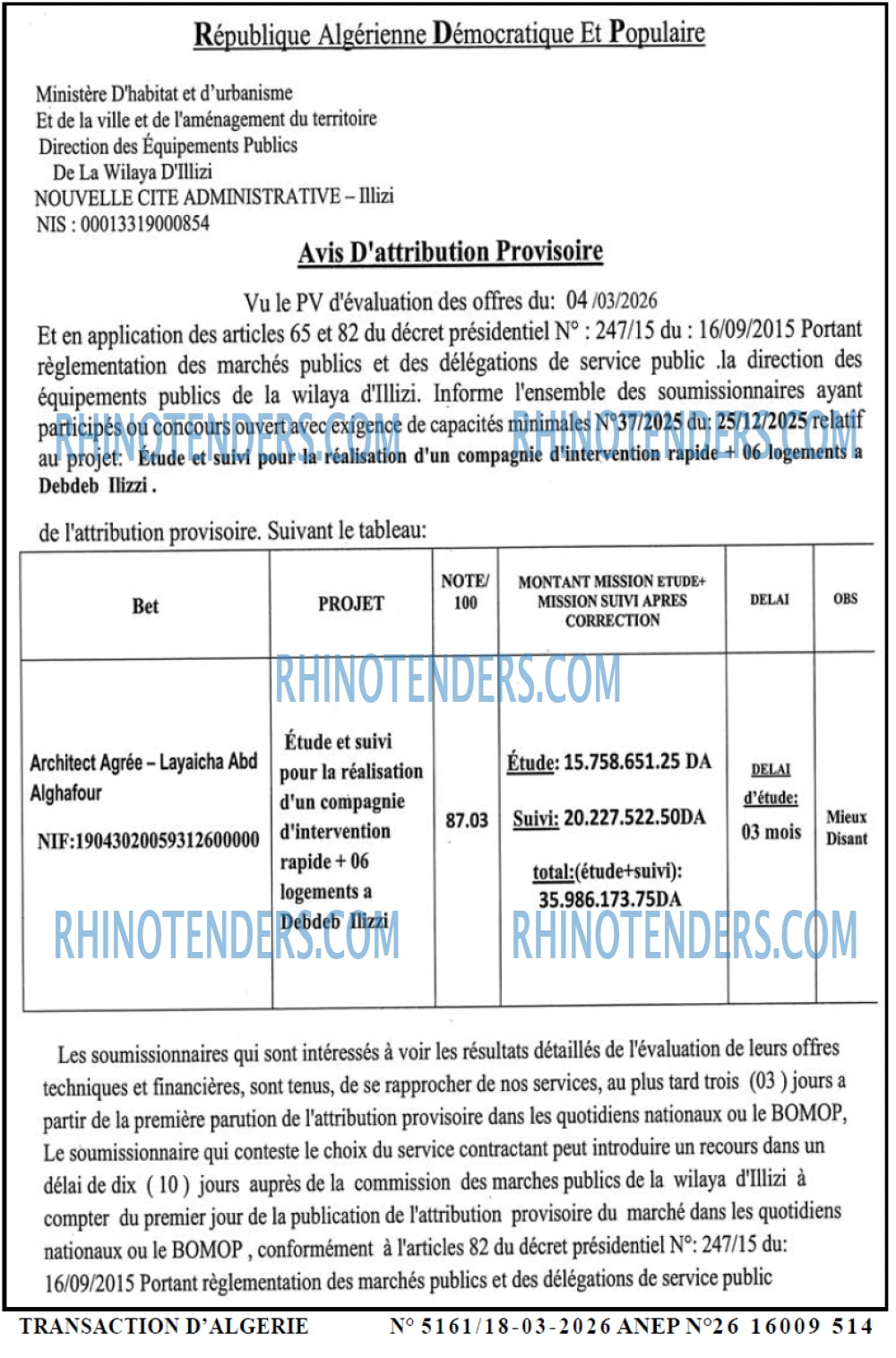 TRANSACTION D'ALGERIE