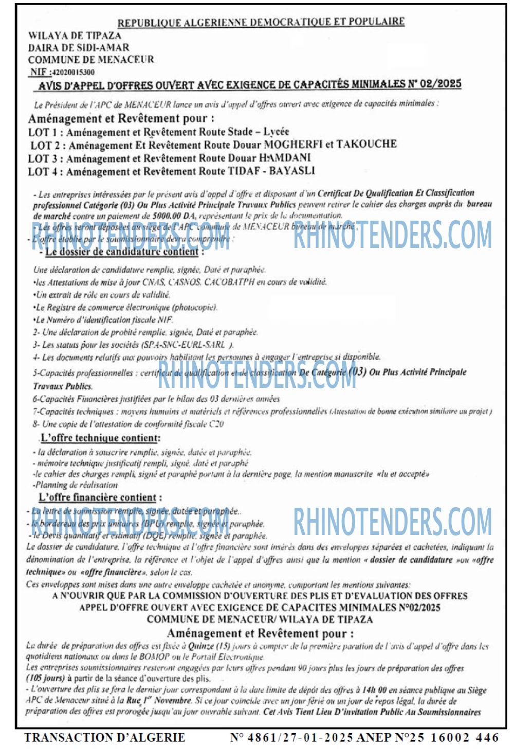 TRANSACTION D'ALGERIE