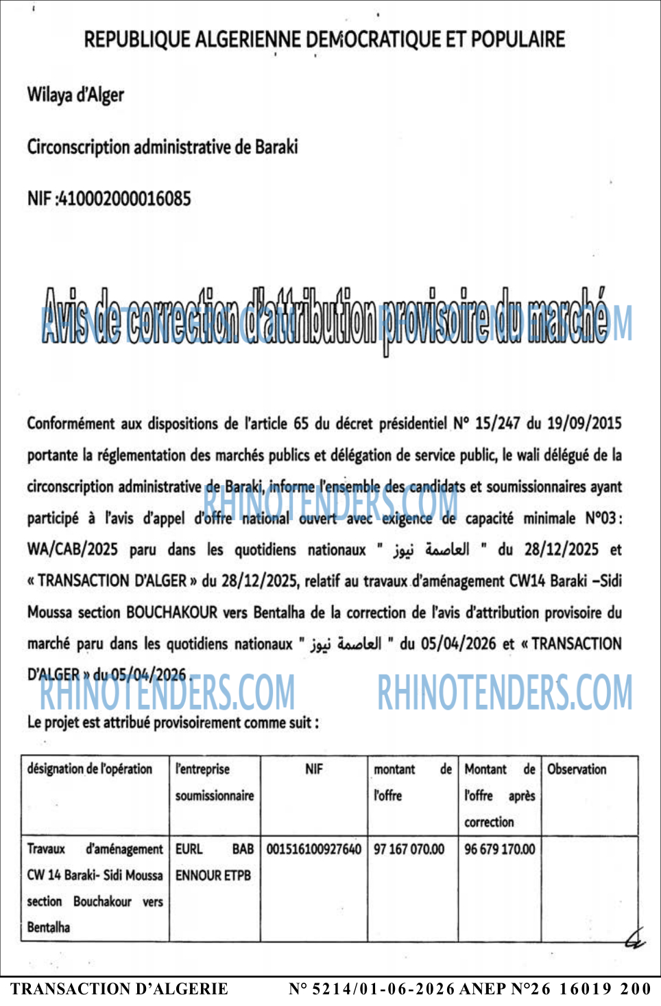 TRANSACTION D'ALGERIE