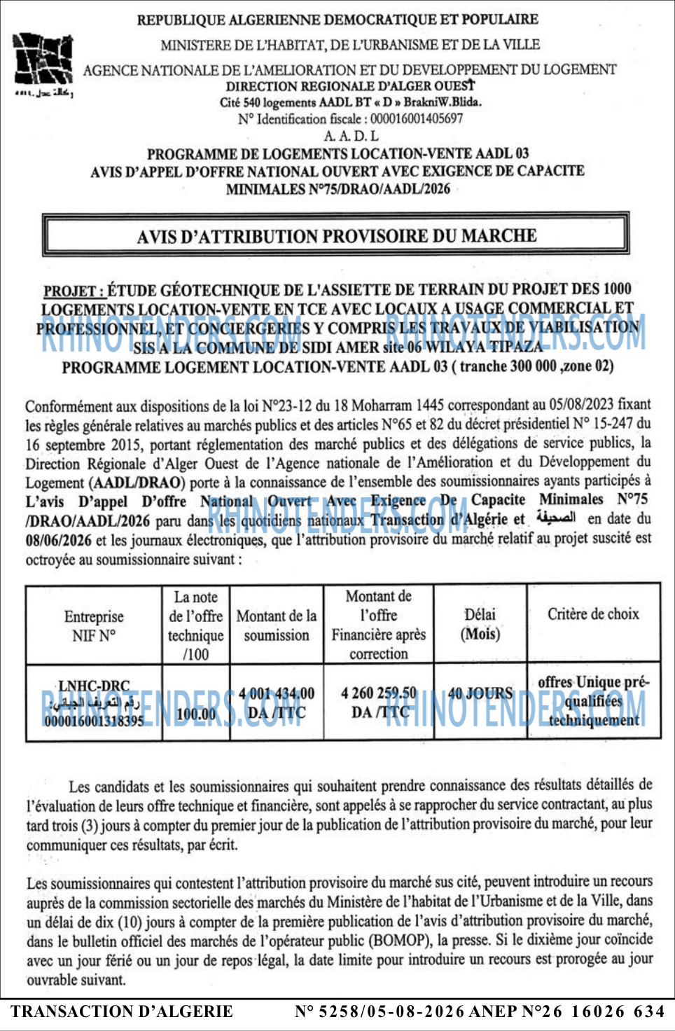 TRANSACTION D'ALGERIE