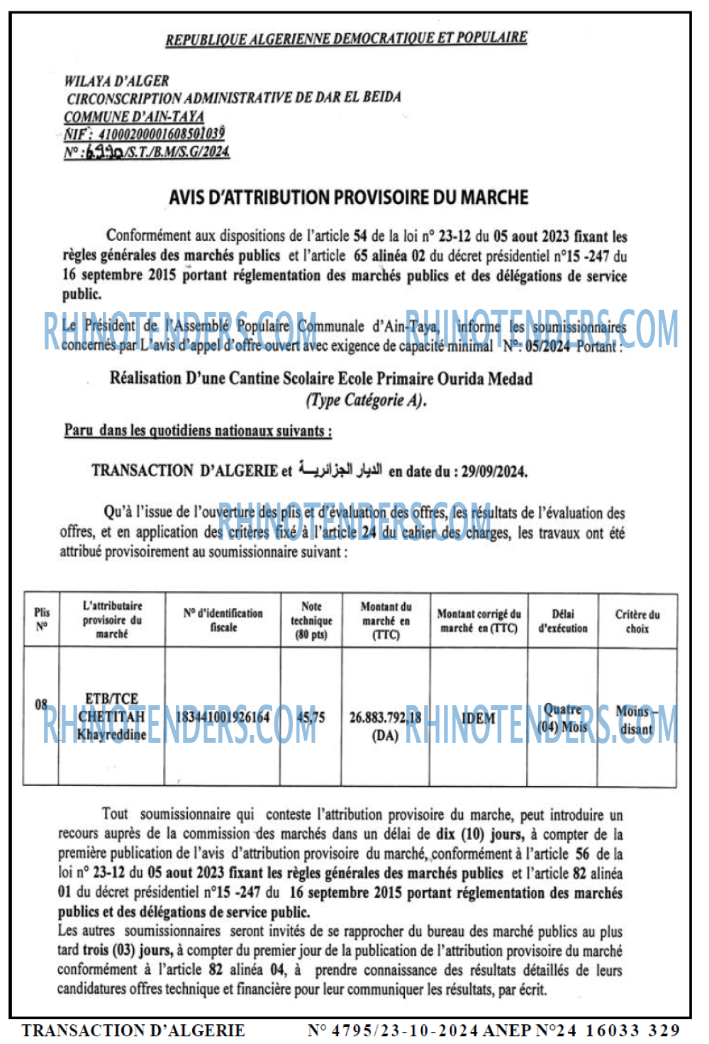 TRANSACTION D'ALGERIE