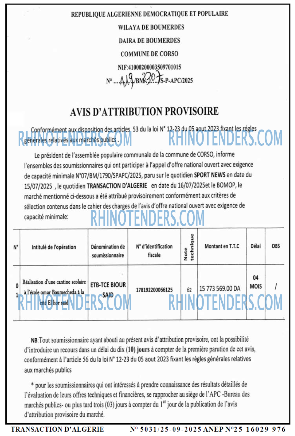 TRANSACTION D'ALGERIE