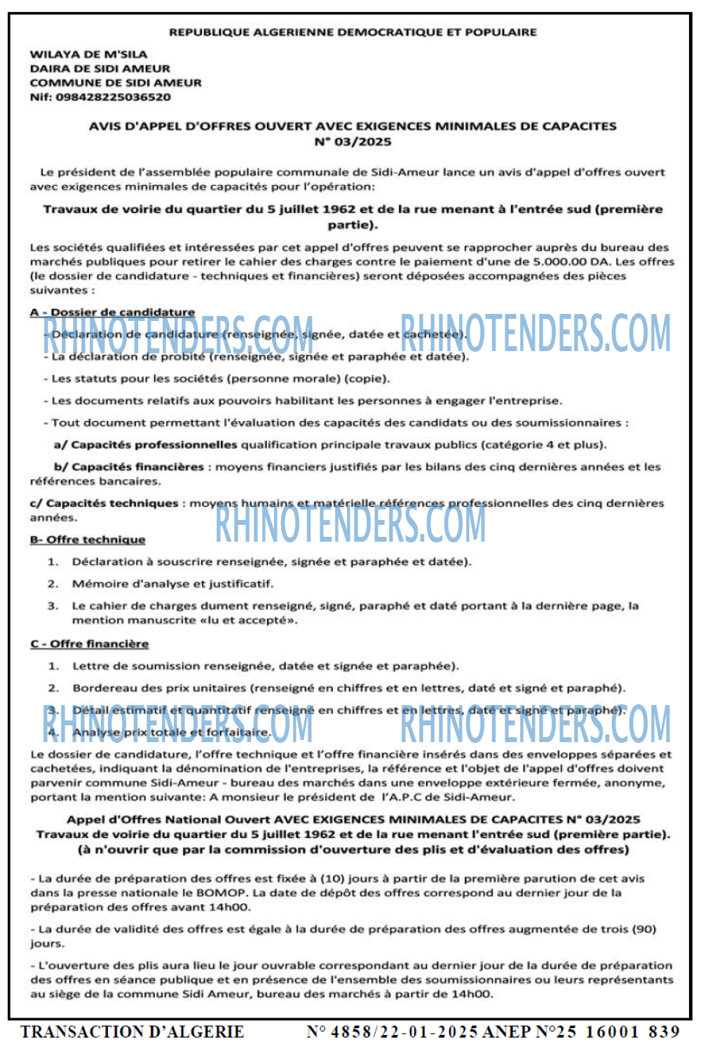 TRANSACTION D'ALGERIE