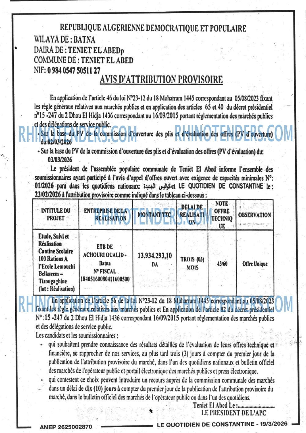 LE QUOTIDIEN DE CONSTANTINE