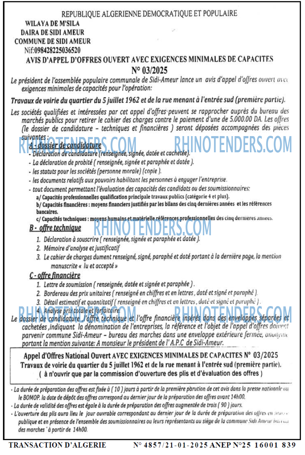 TRANSACTION D'ALGERIE