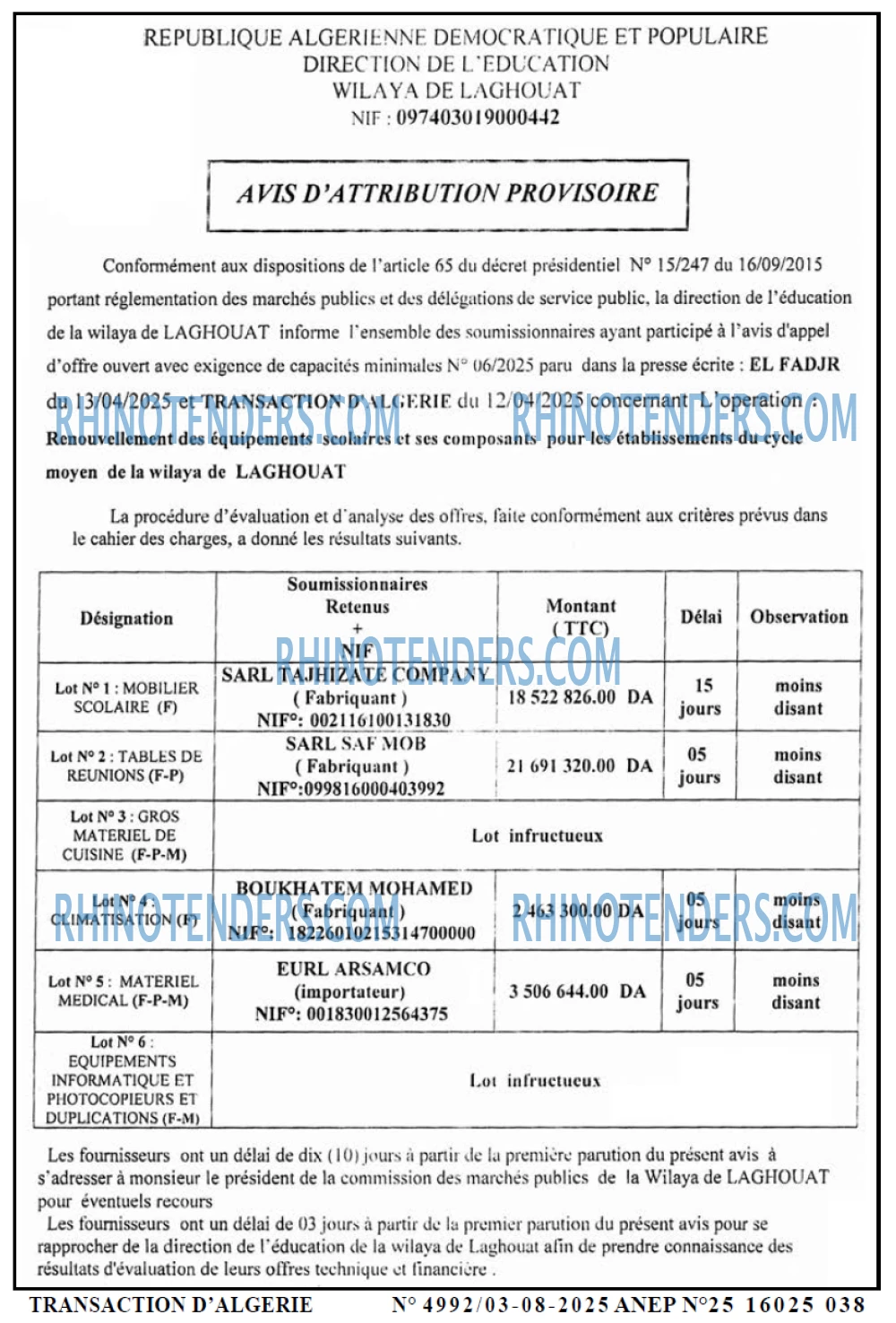 TRANSACTION D'ALGERIE