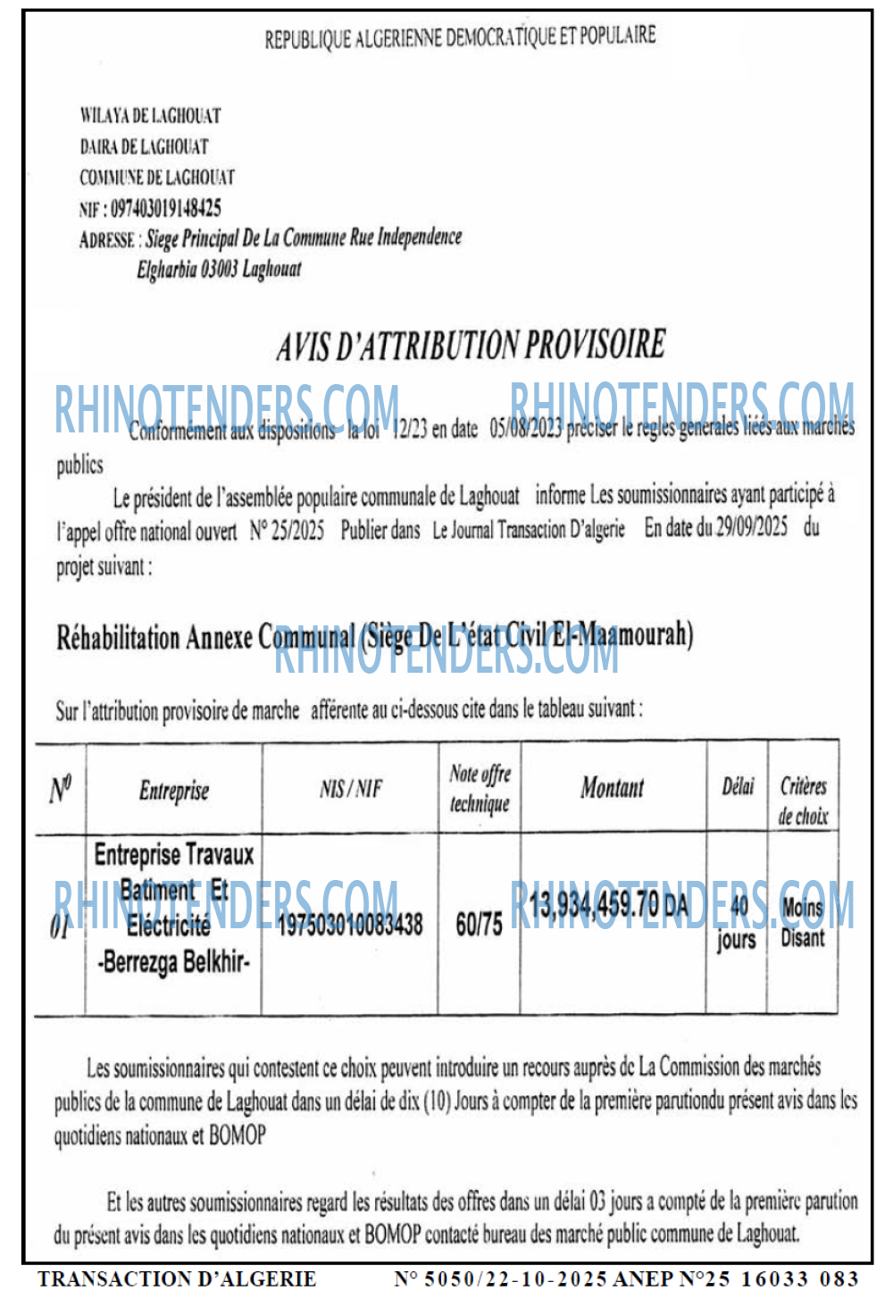 TRANSACTION D'ALGERIE