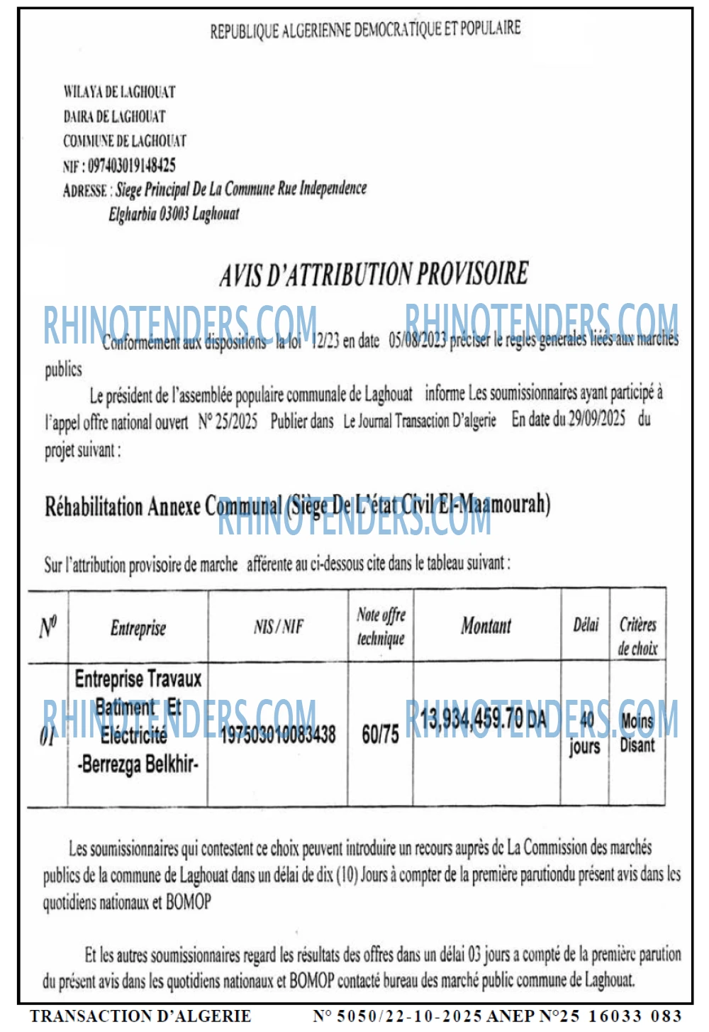 TRANSACTION D'ALGERIE