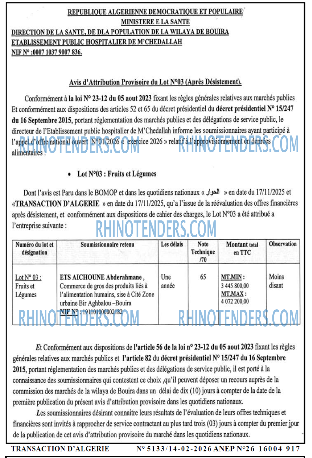 TRANSACTION D'ALGERIE