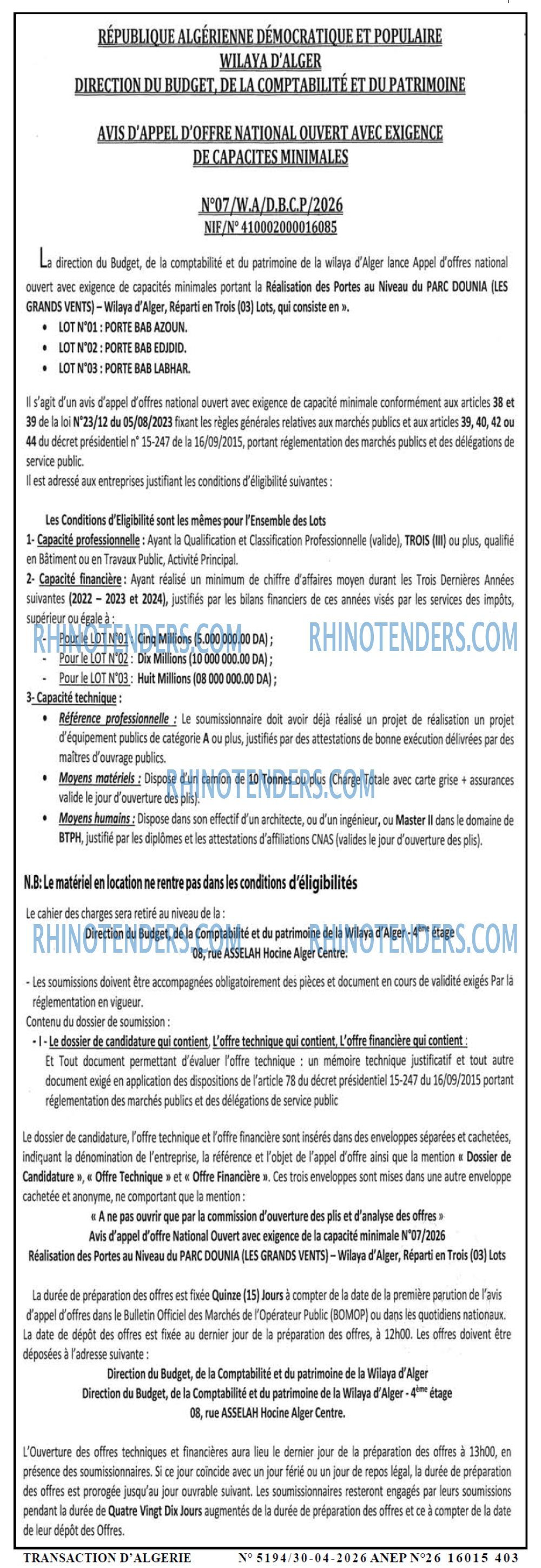 TRANSACTION D'ALGERIE