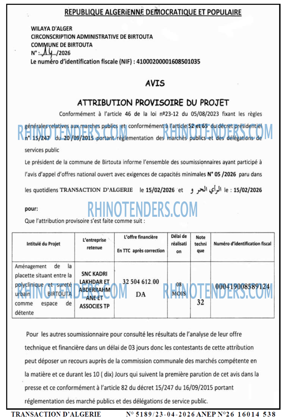 TRANSACTION D'ALGERIE