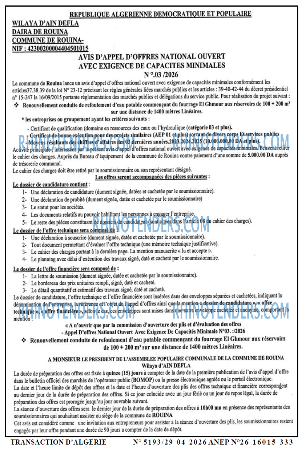 TRANSACTION D'ALGERIE