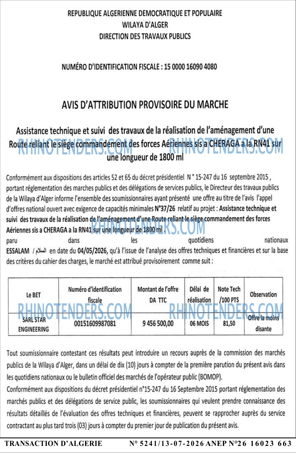 TRANSACTION D'ALGERIE