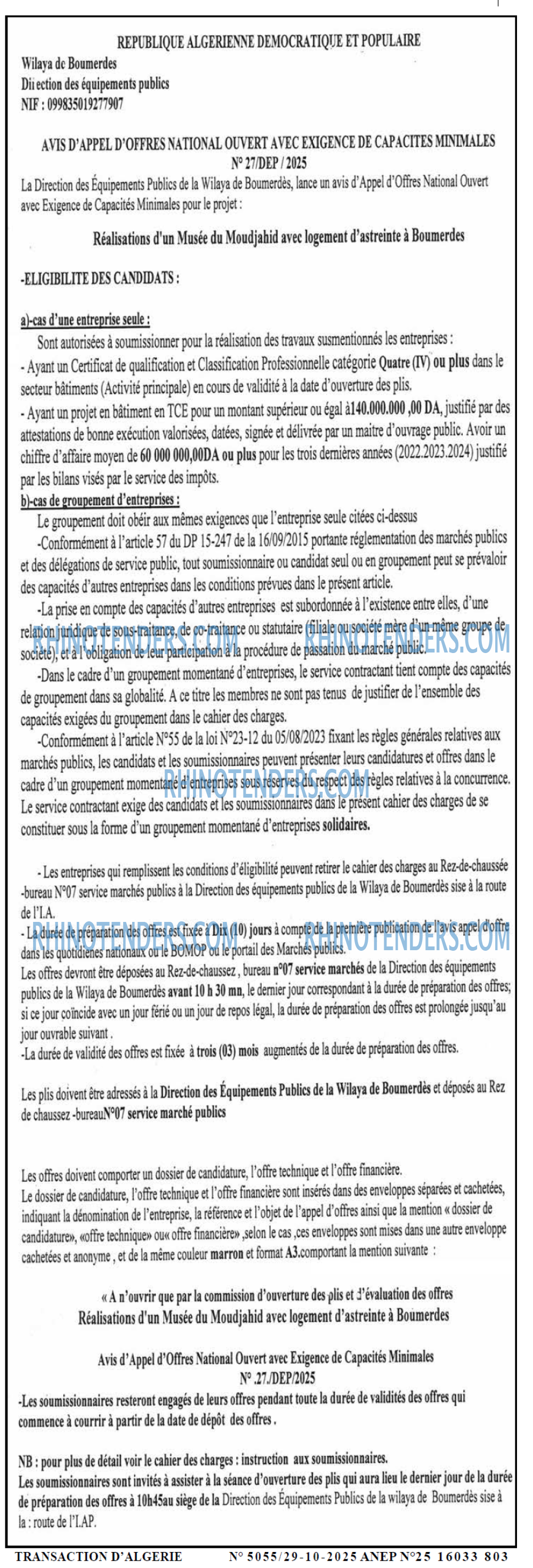 TRANSACTION D'ALGERIE