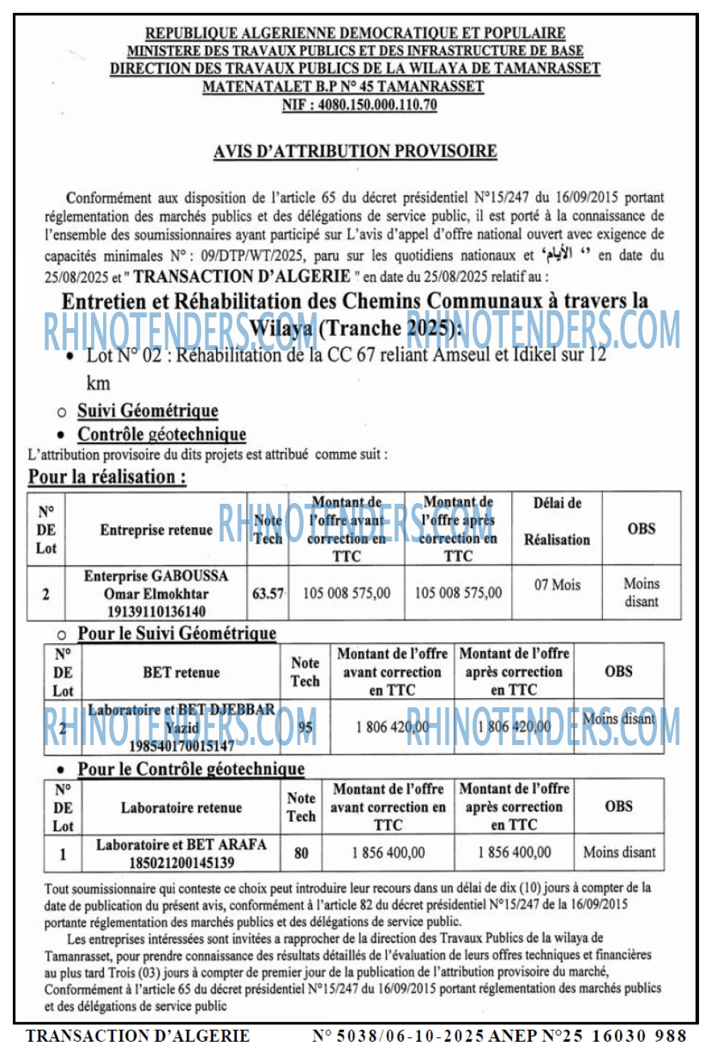 TRANSACTION D'ALGERIE