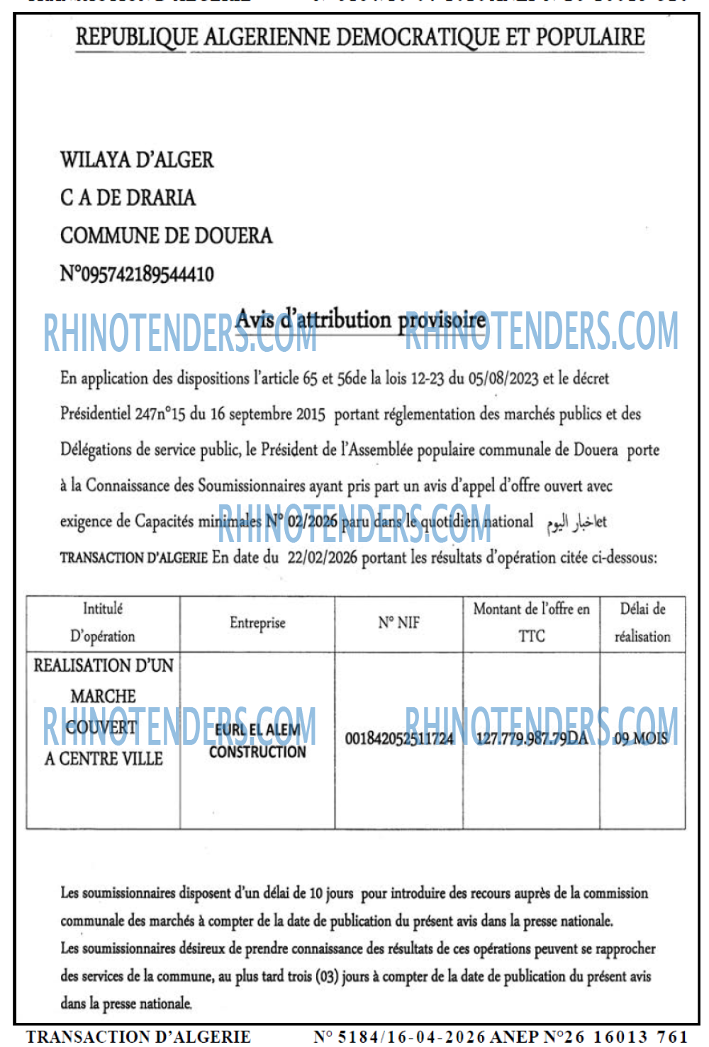 TRANSACTION D'ALGERIE