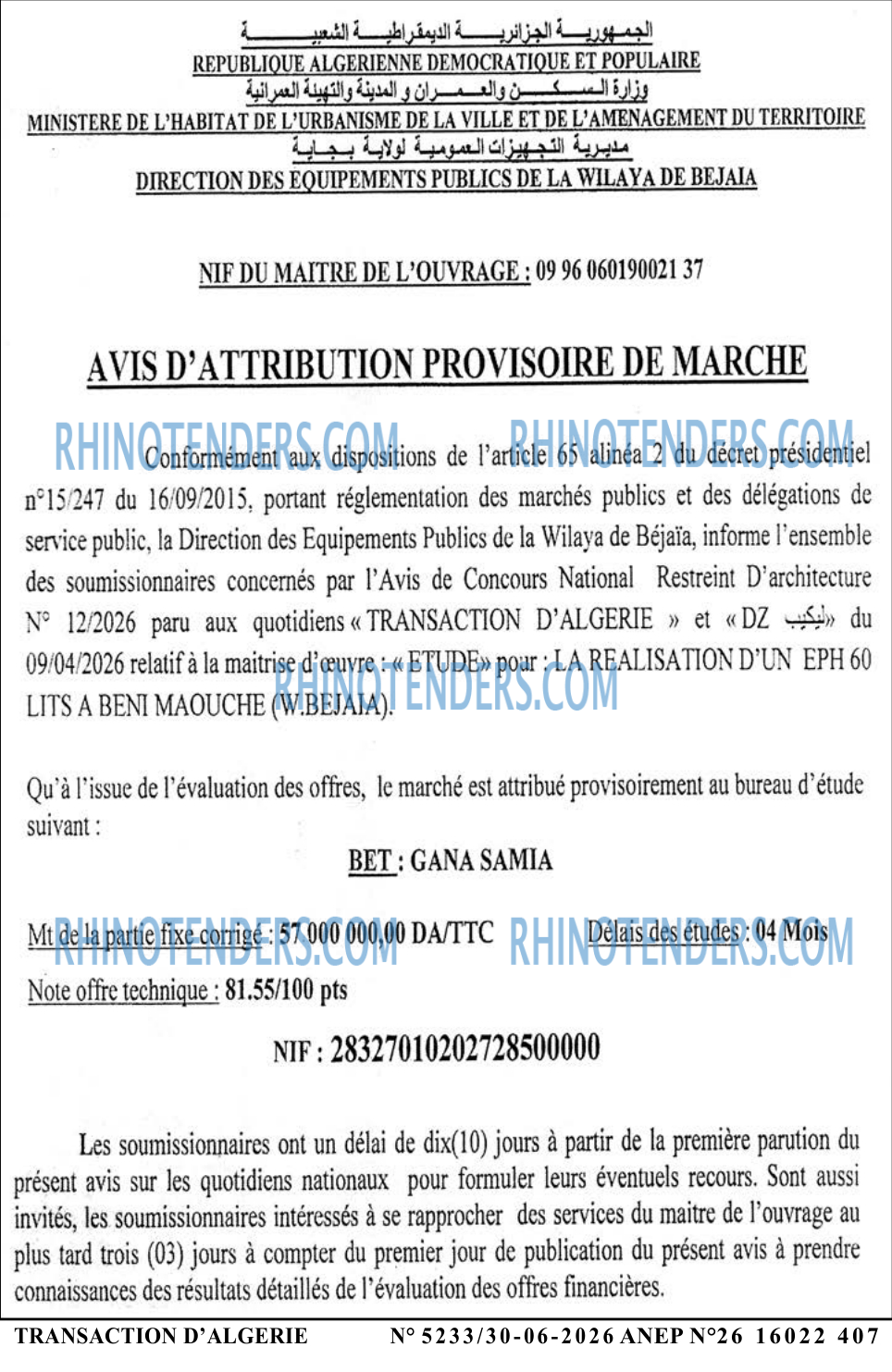 TRANSACTION D'ALGERIE