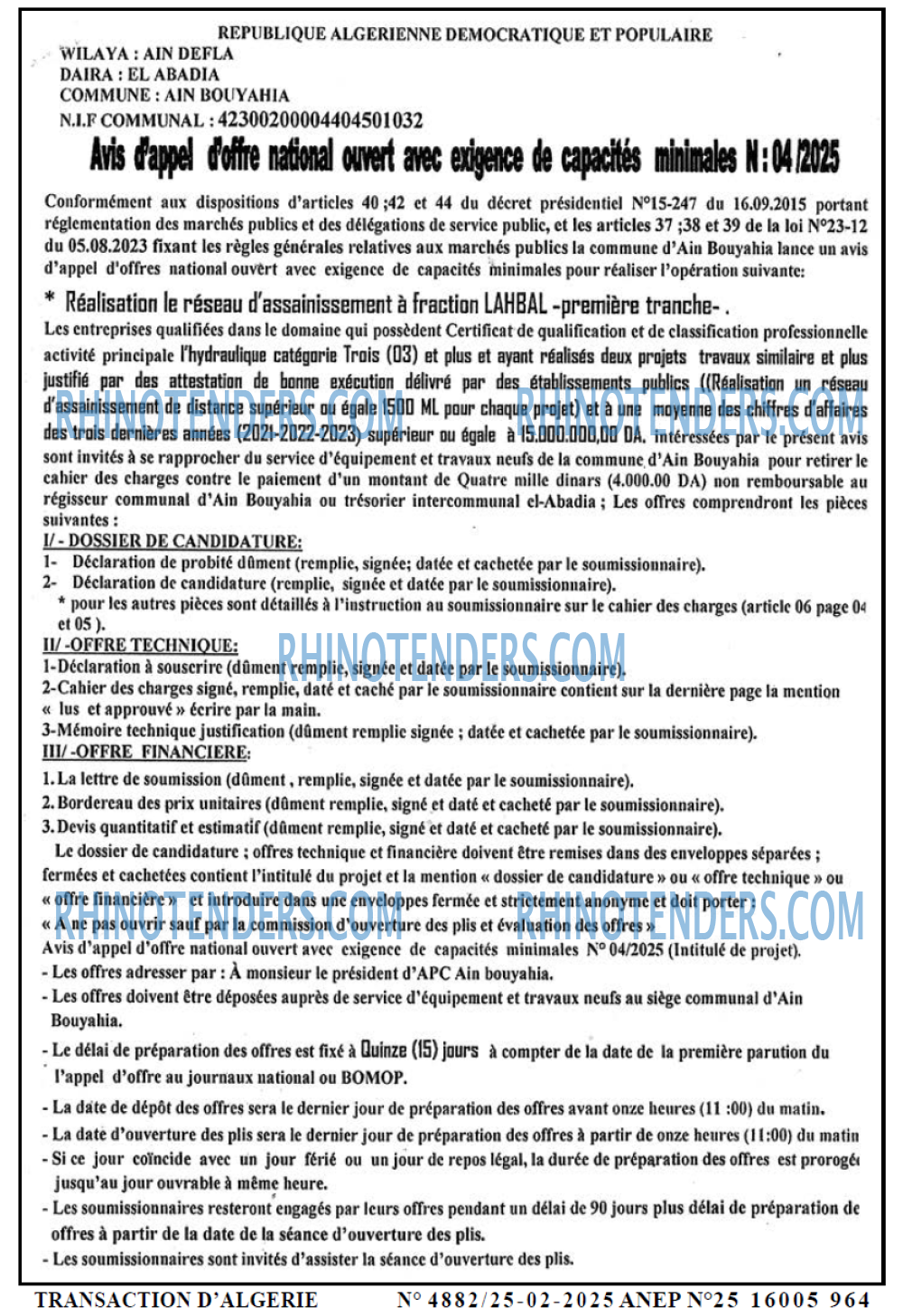 TRANSACTION D'ALGERIE
