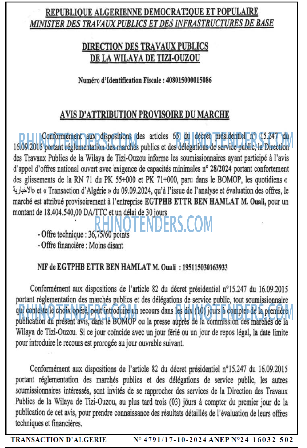 TRANSACTION D'ALGERIE