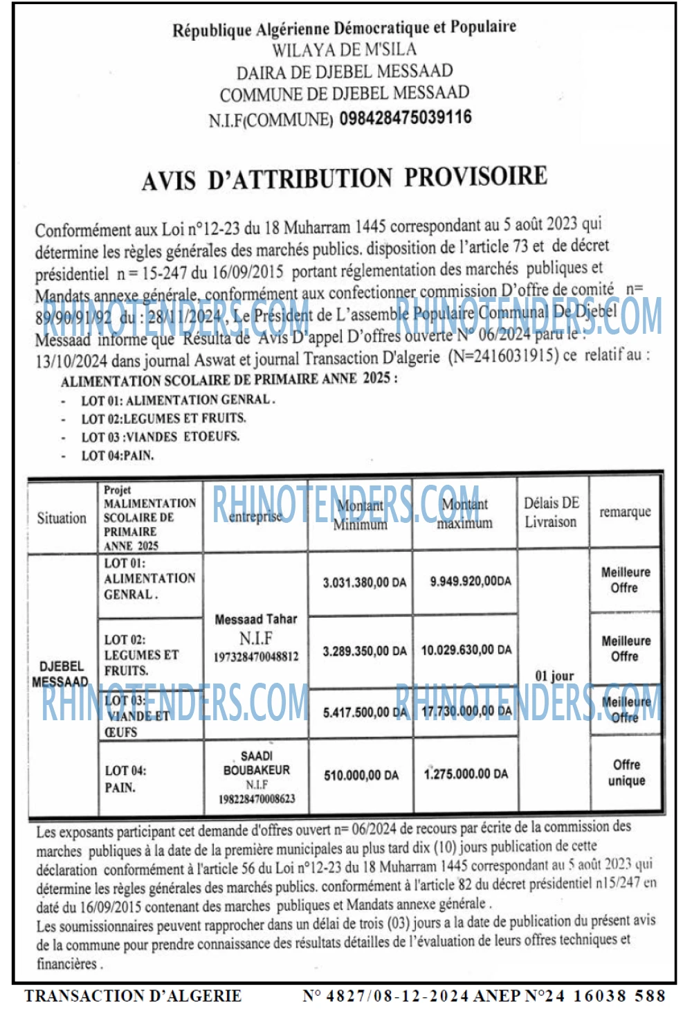 TRANSACTION D'ALGERIE