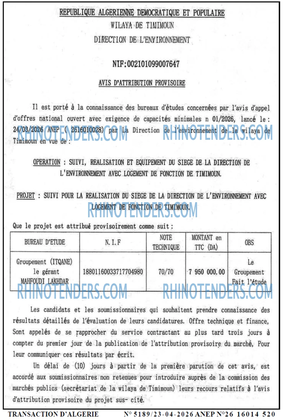 TRANSACTION D'ALGERIE