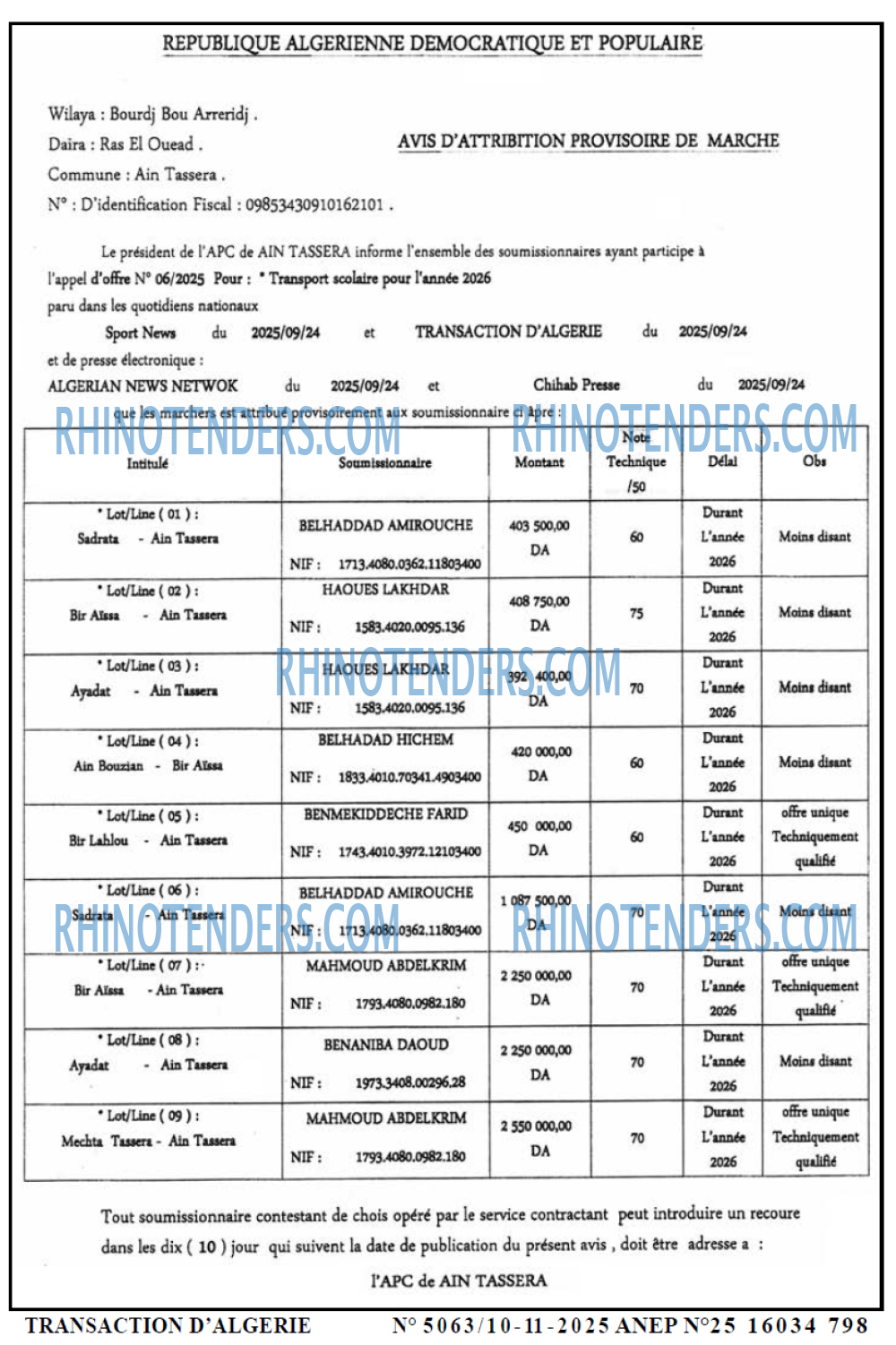 TRANSACTION D'ALGERIE