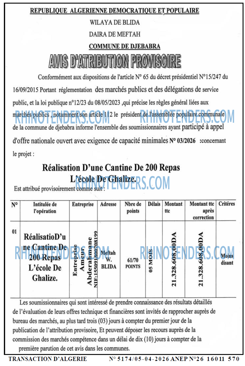 TRANSACTION D'ALGERIE