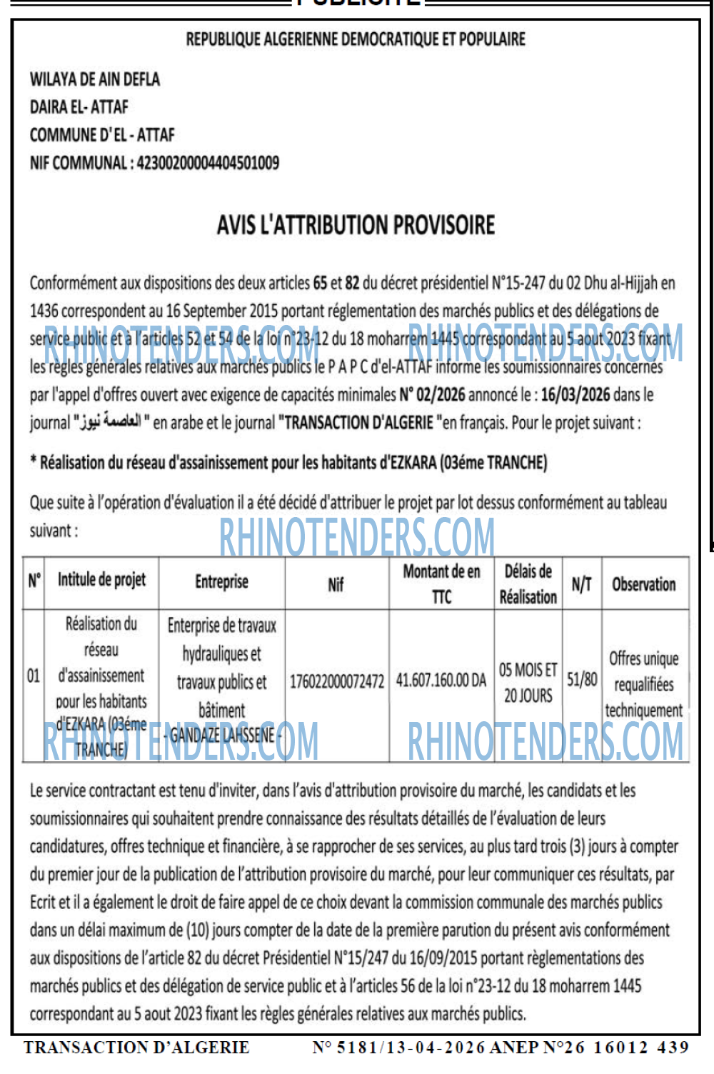 TRANSACTION D'ALGERIE