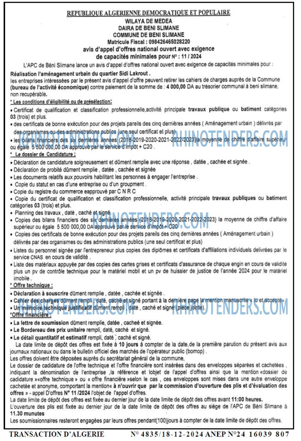 TRANSACTION D'ALGERIE