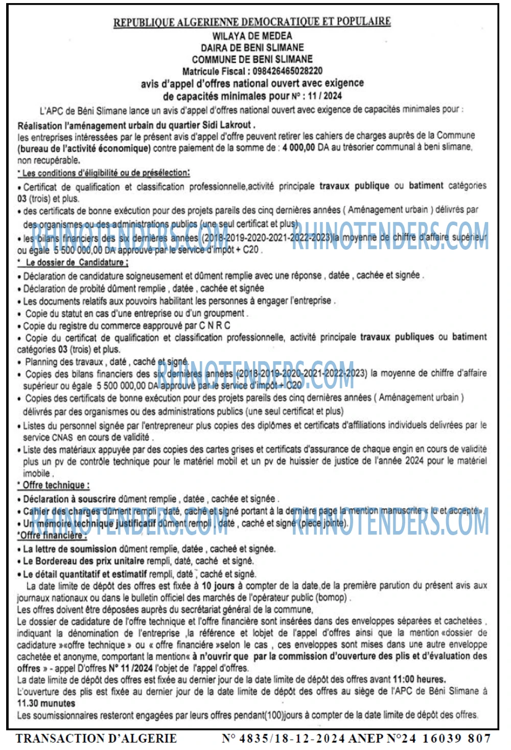 TRANSACTION D'ALGERIE