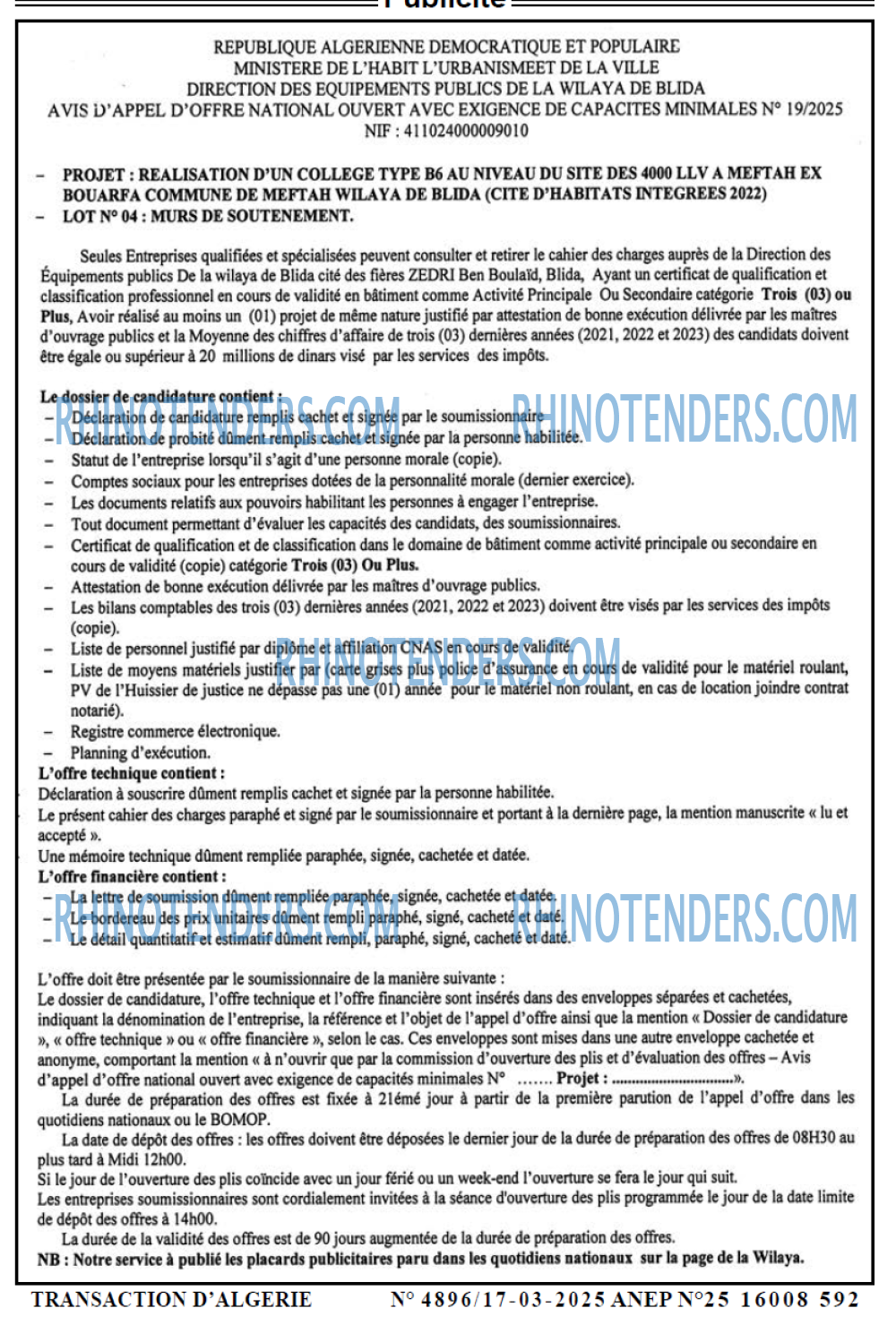 TRANSACTION D'ALGERIE