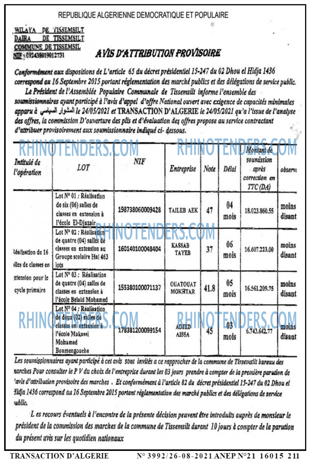 TRANSACTION D'ALGERIE