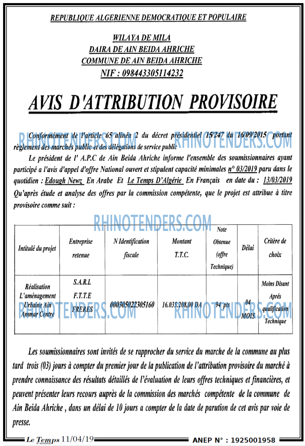 LE TEMPS D'ALGERIE