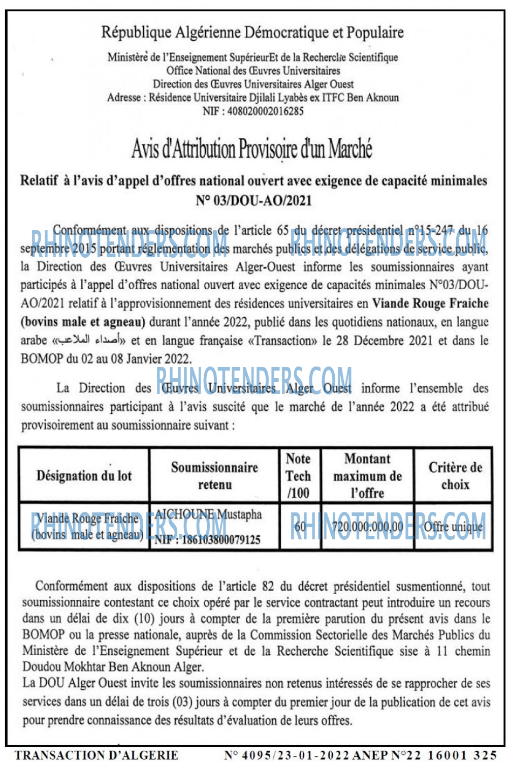 TRANSACTION D'ALGERIE