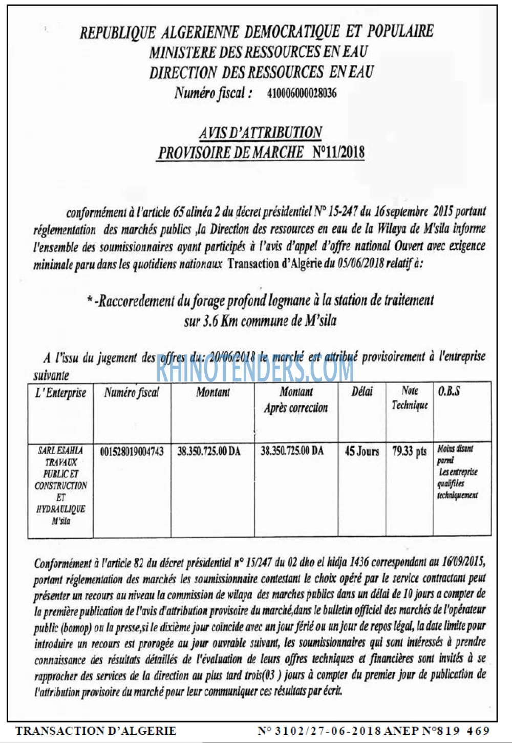 TRANSACTION D'ALGERIE