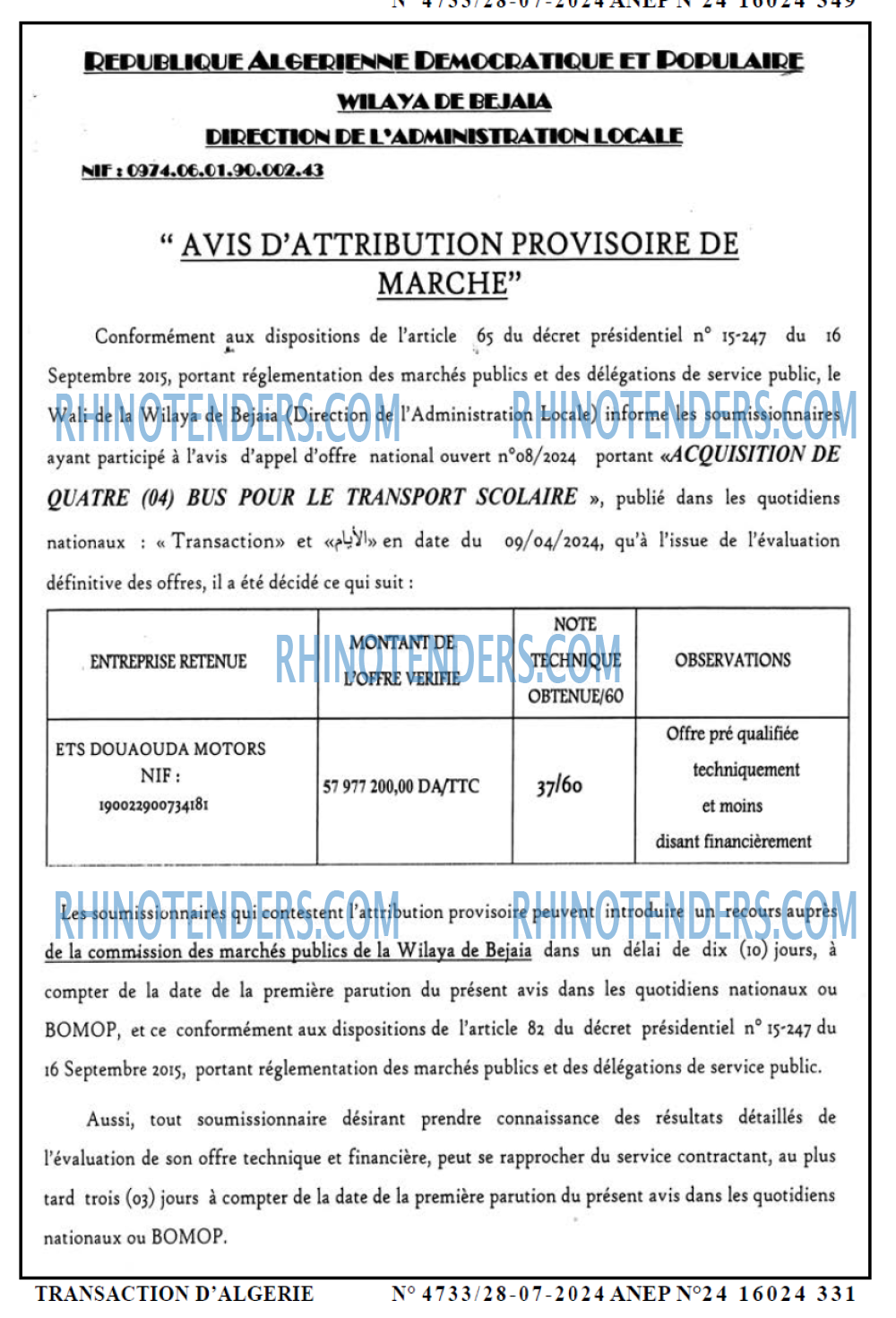 TRANSACTION D'ALGERIE